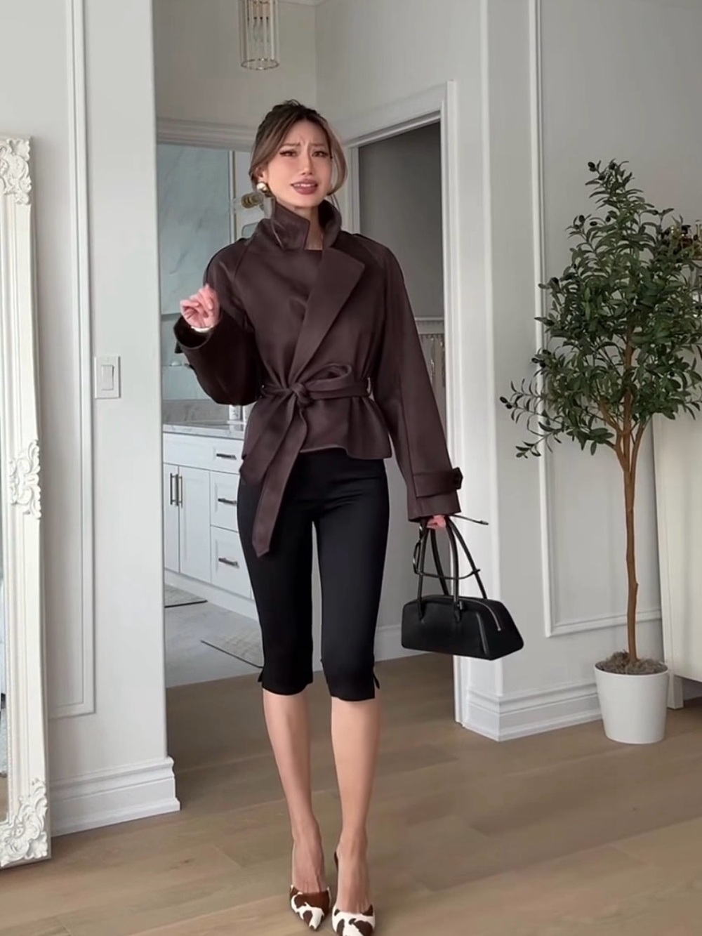Cropped Faux Suede Trench Coat
